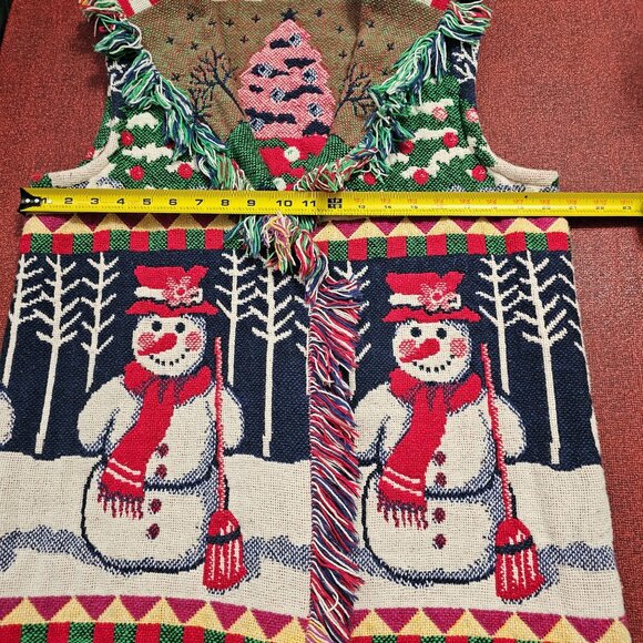 Vtg Tapestry Christmas Snowman Sweater Vest L Fringe Artsy Teacher Holiday - Picture 5 of 6